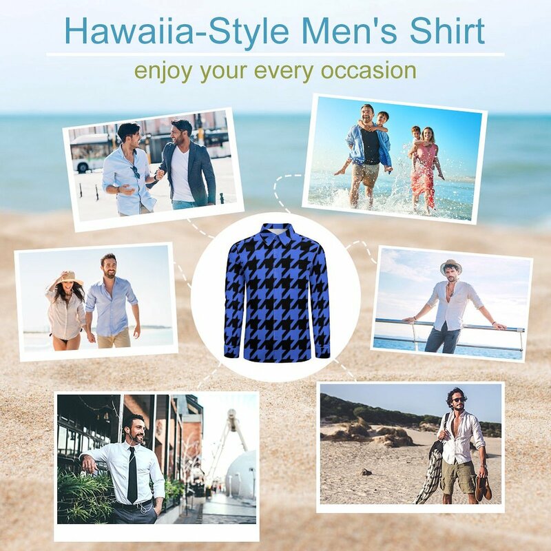 Blusa de pata de gallo azul para hombre, camisa con estampado Vintage, manga larga, camisas casuales con estilo Vintage, ropa gráfica de primavera, talla grande