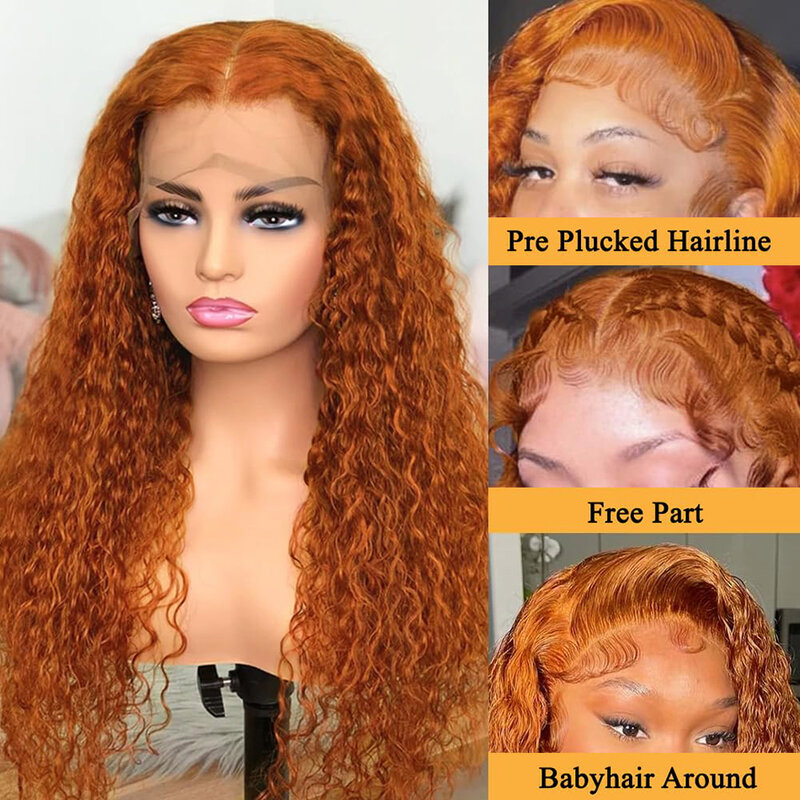 Wiggogo-peluca Frontal de encaje naranja jengibre, cabello humano rizado, 30 pulgadas, onda profunda, 13x4, 13x6, Hd