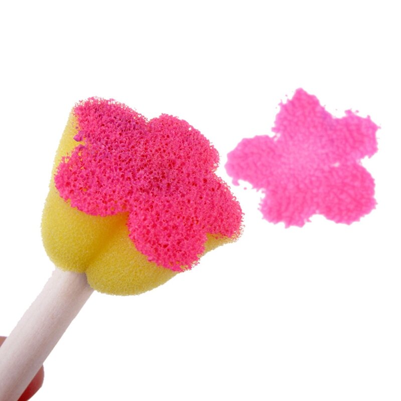 4Pcs Sponge Paint Roller Brush & 5Pcs Sponge Paint Brushes Toys Wooden Handle Seal Sponge Brushes