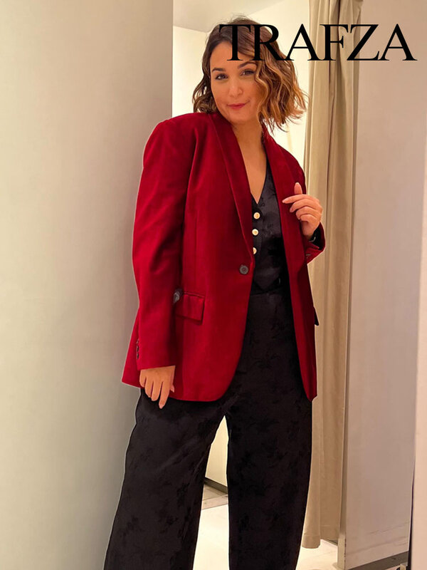 TRAFZA-Chaqueta elegante de primavera para mujer, abrigos rojos de manga larga con cuello vuelto, bolsillos decorativos, un solo botón, moda femenina