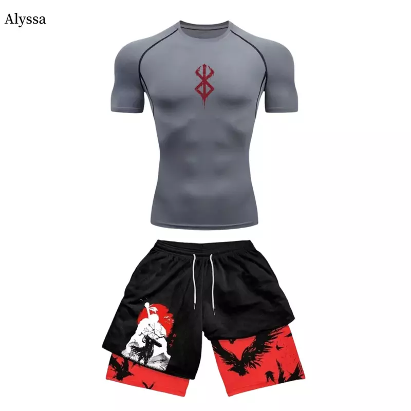 남성용 애니메이션 버서크 압축 세트, 피트니스 세트, 속건성 압축 셔츠, 체육관 반바지, 달리기 운동, 여름 운동복
