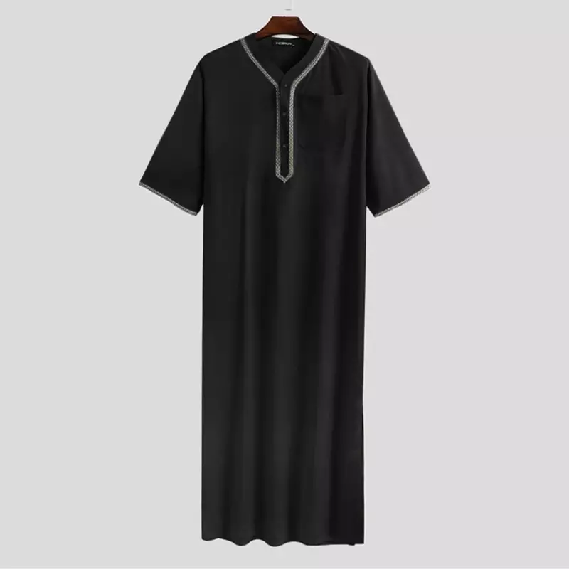 Solid Color V Neck Muslim Men Jubba Thobe Retro Button Kimono Half Sleeve Robe Saudi Musulman Shirt Islamic Arabic Kaftan Abaya