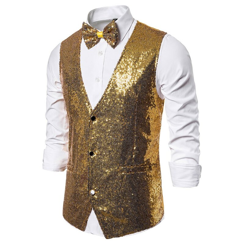 Men's Solid Color Sequined Fashionable Suit Vest V Neck Slimming Fit Single Breasted Sleeveless Business Suit Tank With Bow Tie