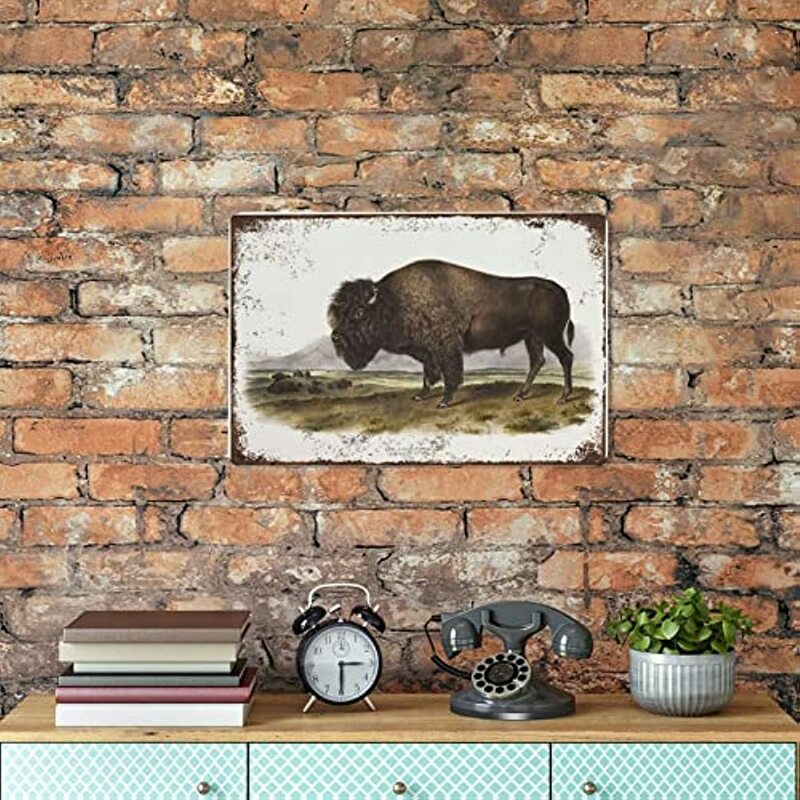 Peinture d'animal Antique imprimé Bison, dessin Vintage, signe en étain, décor mural, Art américain, Style Vintage