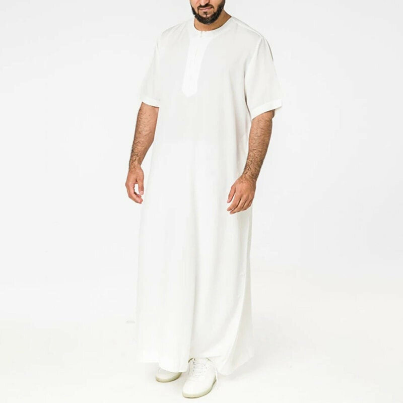 2024 Heren Moslim Jubba Thobe Effen Kleur Vintage Opstaande Kraag Gewaden Met Korte Mouwen Abaya Casual Mannelijke Islamitische Arabische Kaftan