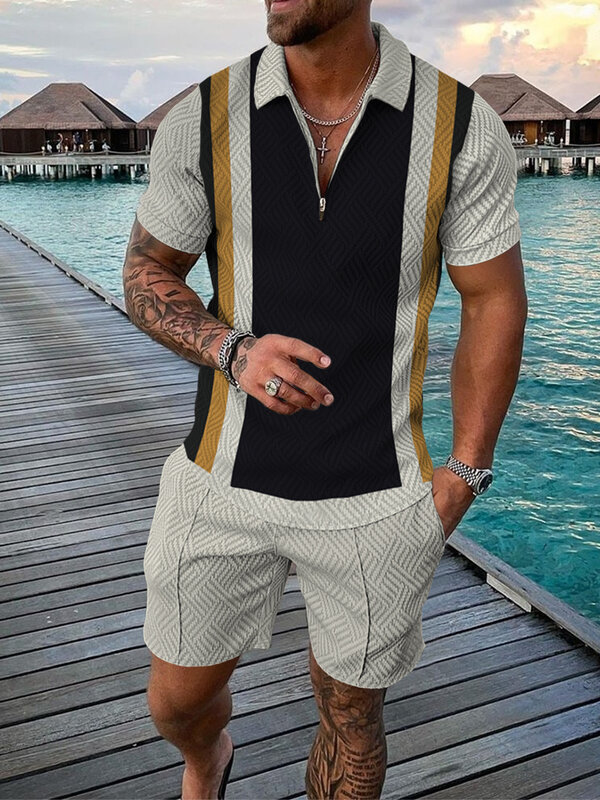Summer men's fashion trend Fitness sports short-sleeved shorts two-piece casual printed slimming men's suit