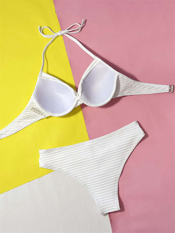 Set Bikini potongan tinggi putih untuk Praia, Set baju renang wanita Push Up, pakaian renang Brasil, baju renang punggung terbuka baru