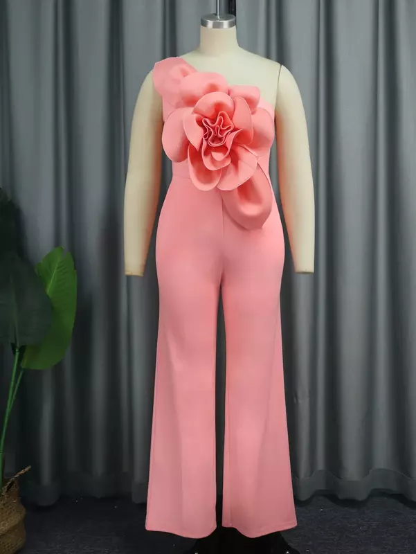 Długi kombinezon dla kobiet duże kwiatowe jedno ramię bez pleców z wysokim stanem szerokie nogawki proste jednoczęściowe pajacyki Plus Size suknie wieczorowe