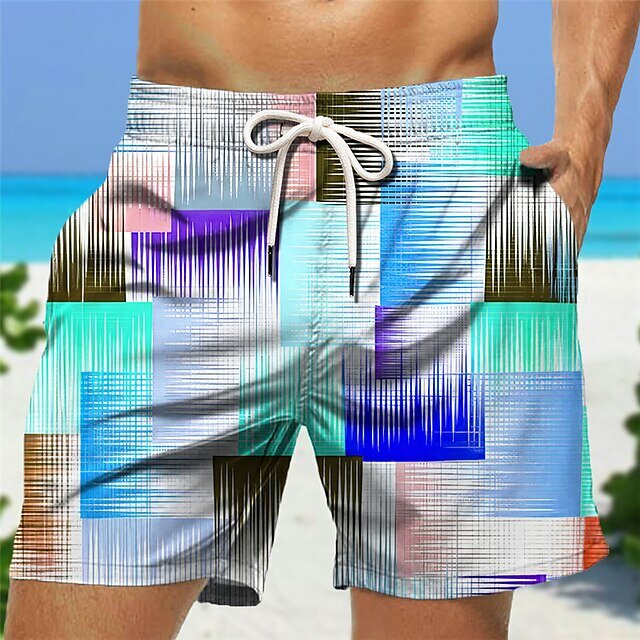 Pantalones cortos de baño para hombre, bañador con cordón, estampado de rayas, geometría, secado rápido, informal, Hawaiano, microelástico