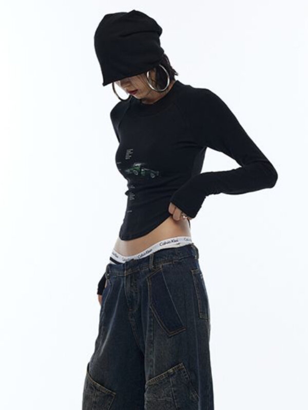 Kaus grafis hitam Gotik Deeptown kaus lengan panjang ramping Grunge Kpop Wanita Atasan Crop dasar tidak beraturan Vintage estetika Y2K