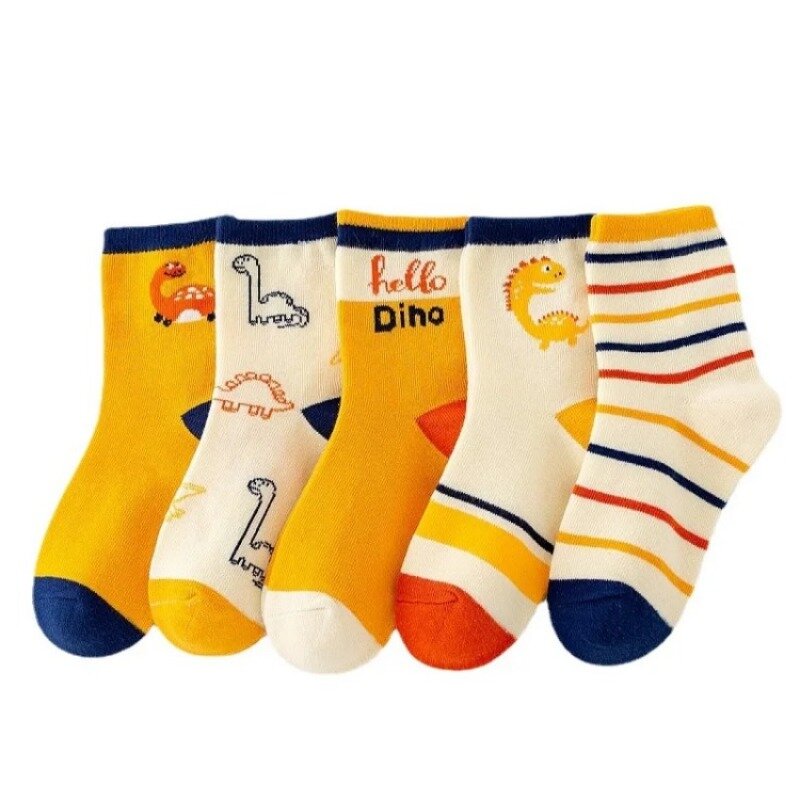 2024 nuovi 5 paia di calzini per bambini dinosauro cotone cartone animato bambini ragazzo e ragazze calzini lunghi in cotone piatto calzini per bambini carini 2-12 anni
