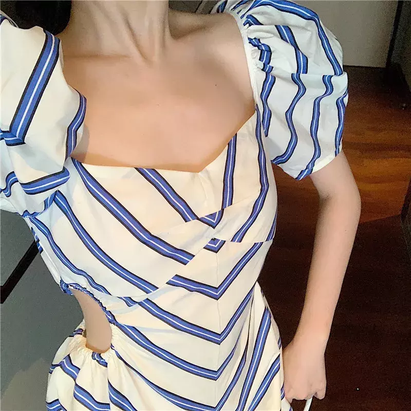 Woman Cottagecore Rompers Sexy Hollow Puff Sleeve Jumpsuits Elegant Square Collar Striped Short Fashion Beach Women Playsuits