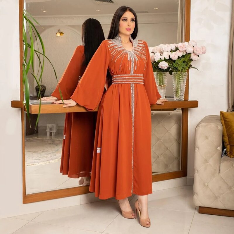 Vestido de noche árabe para mujer, caftán musulmán de Oriente Medio, Dubai, Diamante de fijación en caliente, cuello alto con muescas, moda para fiesta