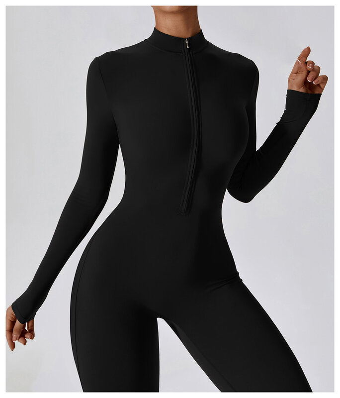 Women's sports zipper long sleeved yoga jumpsuit integrated fitness training jumpsuit sports suit fitness set