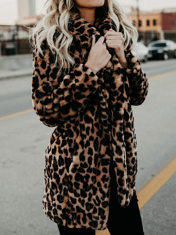 Осеннее леопардовое пальто из искусственного меха, женское длинное зимнее пальто, женская теплая меховая куртка, женское плюшевое пальто, верхняя одежда