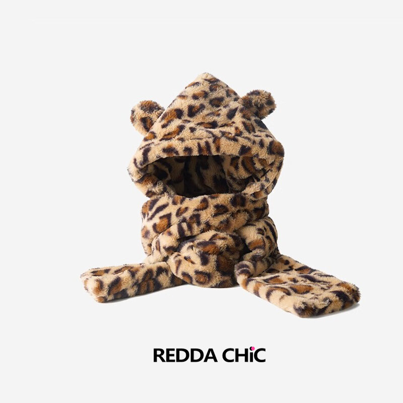 ReddaChic 90s Retro Leopard Faux Fur Hooded Scarf Friends Teddy Furry Bear Ears Beanie Warm Winter Balaclava Cap Y2k Streetwear