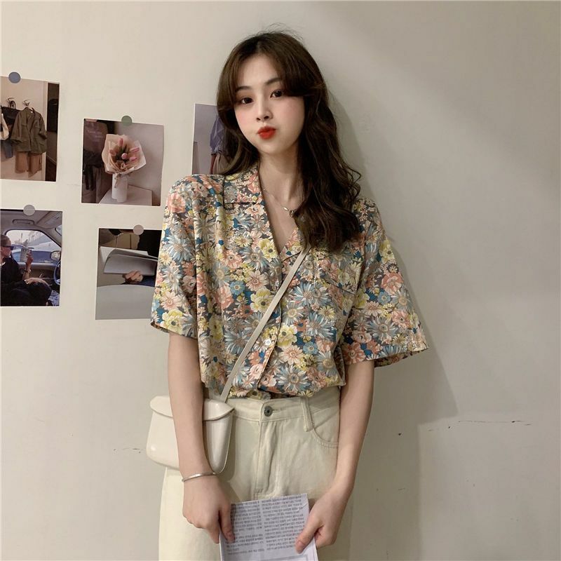 Casual padrão de flor floral solto entalhado chiffon regular manga curta camisas femininas roupas femininas tendências da moda 2022