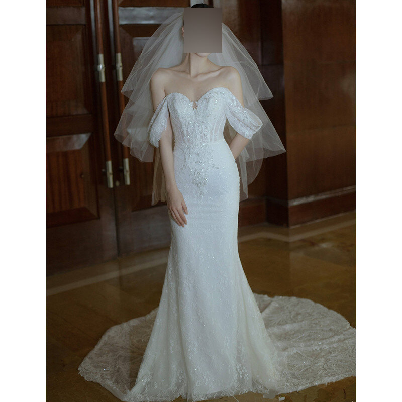 Gaun pernikahan wanita putri duyung putih gaun pengantin renda bahu terbuka gaun pengantin kereta Formal gaun pesta wanita
