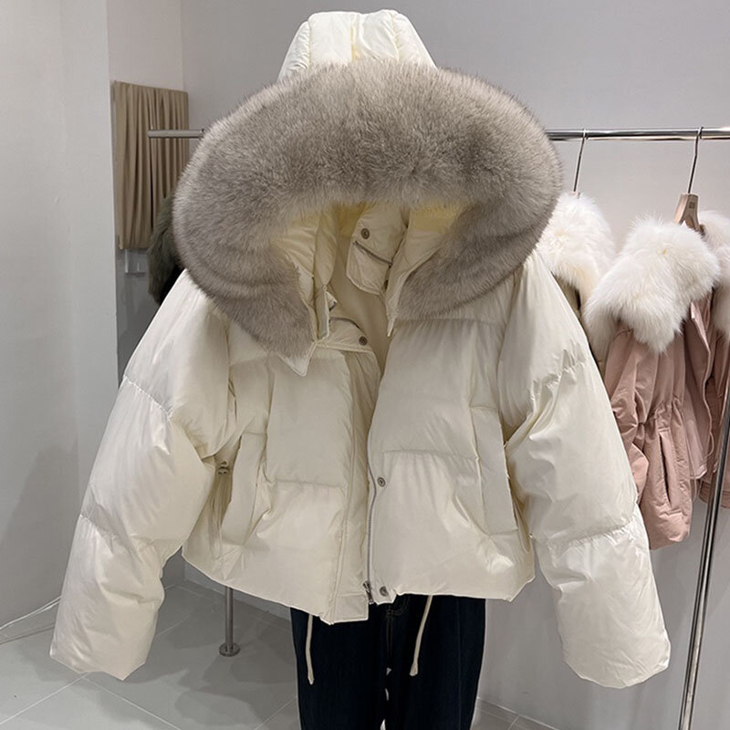 女性用の大きなキツネの毛皮の襟付きコート,暖かいジャケット,白いダックダウン,短い,ルーズ,韓国の女性用アウター,冬,新しい,90%