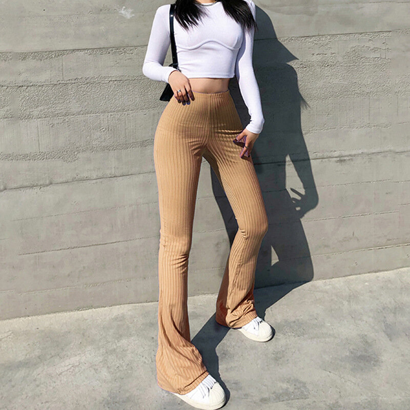 Celana modis wanita seksi, celana panjang kasual pinggang tinggi, warna Solid, mengembang, pas badan, musim panas