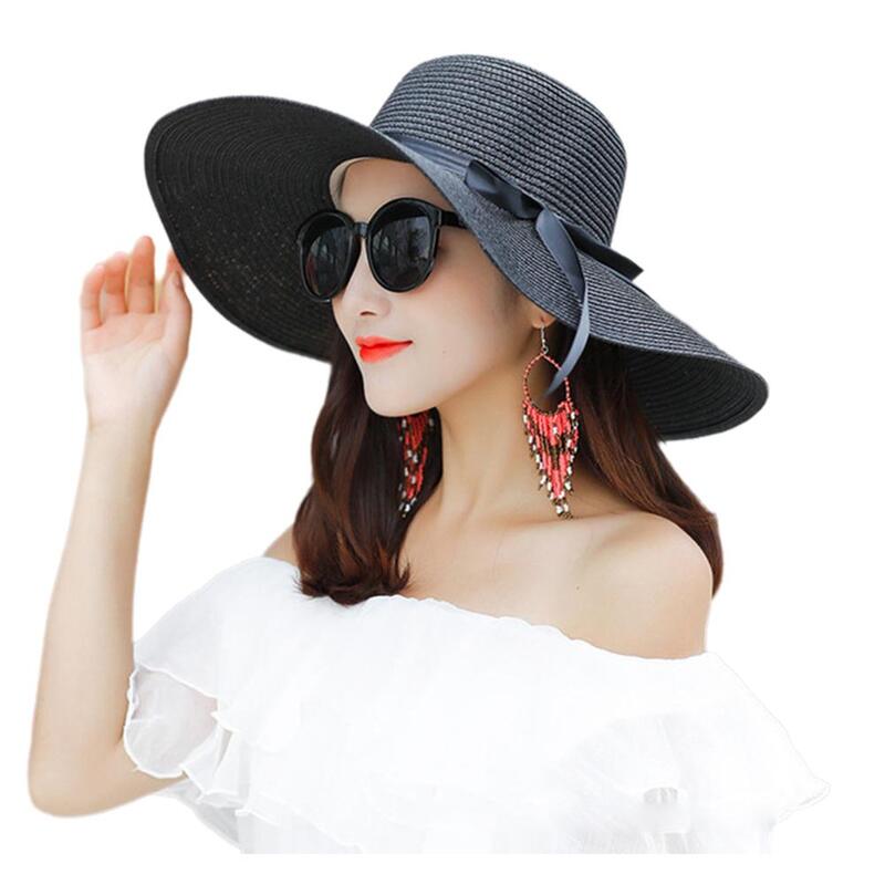 Topi jerami pelindung matahari pantai wanita, topi jerami Floppy besar dengan pita kasual musim panas, topi matahari dapat dilipat perlindungan UV