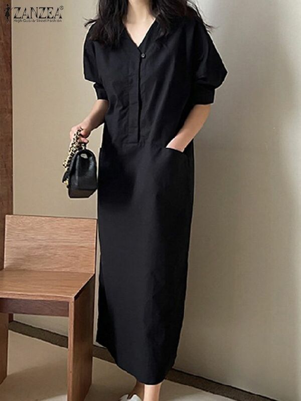 Frauen Vintage solide lange Roben Zanzea lässig Cargo Taschen Kleid 2024 Sommer Harajuku Vestidos Mode lose Büro V-Ausschnitt Kleid