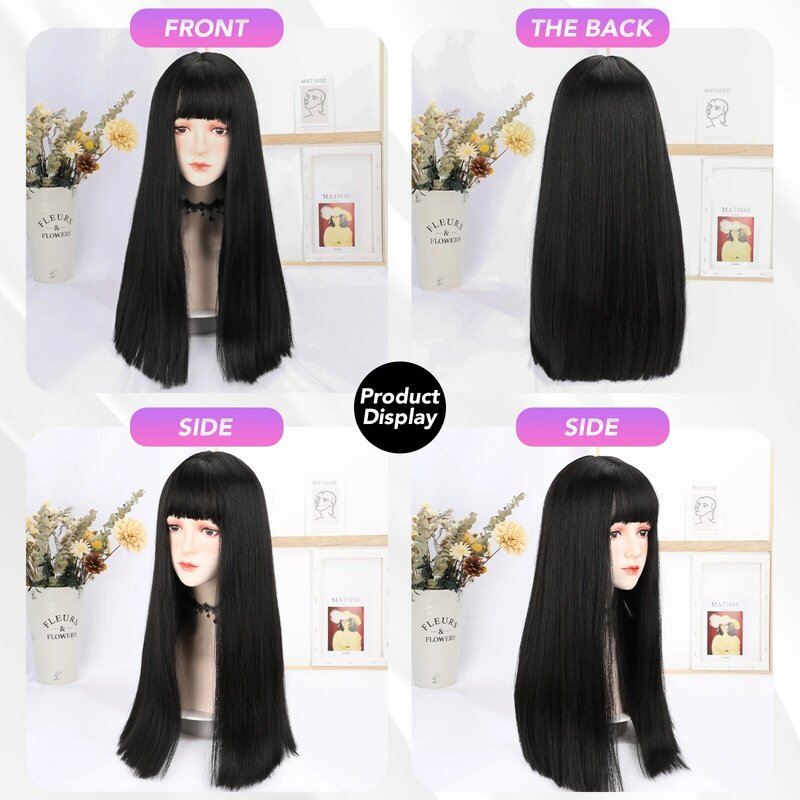 MEISU parrucca lunga diritta nera Air Bangs capelli 22 pollici fibra sintetica resistente al calore dolce e naturale o Selfie per le donne