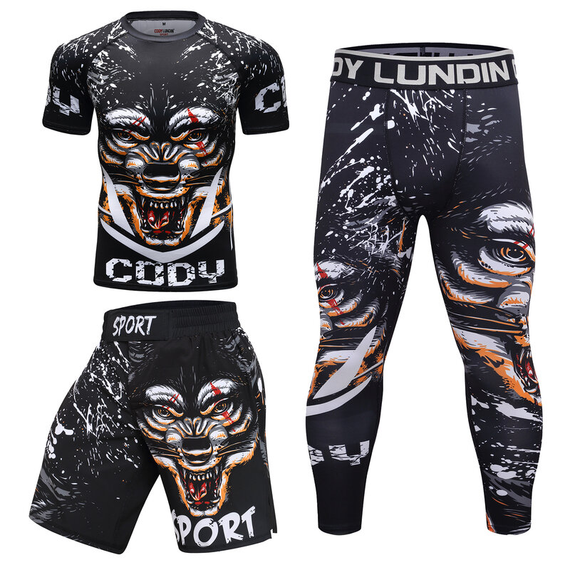 Chie Lundin-Pantalones largos elásticos de LICRA para hombre, Conjunto de camiseta y pantalones cortos, mallas masculinas geniales, MMA, Rash Guard, Jiu Jitsu, chándales