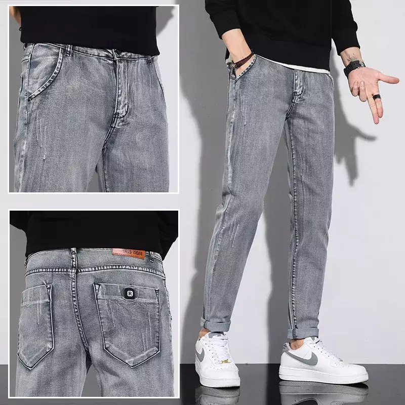 Celana Jeans pria Mode Korea, celana Denim kaki kecil elastis y2k pakaian jalanan Musim Semi dan Gugur 2023