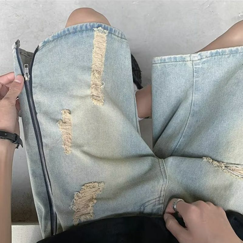 y2k Ripped Denim Shorts for Men Summer Ins korean Fashion Streetwear Hip Hop Loose Straight Jeans Shorts Men Cargo Denim Shorts
