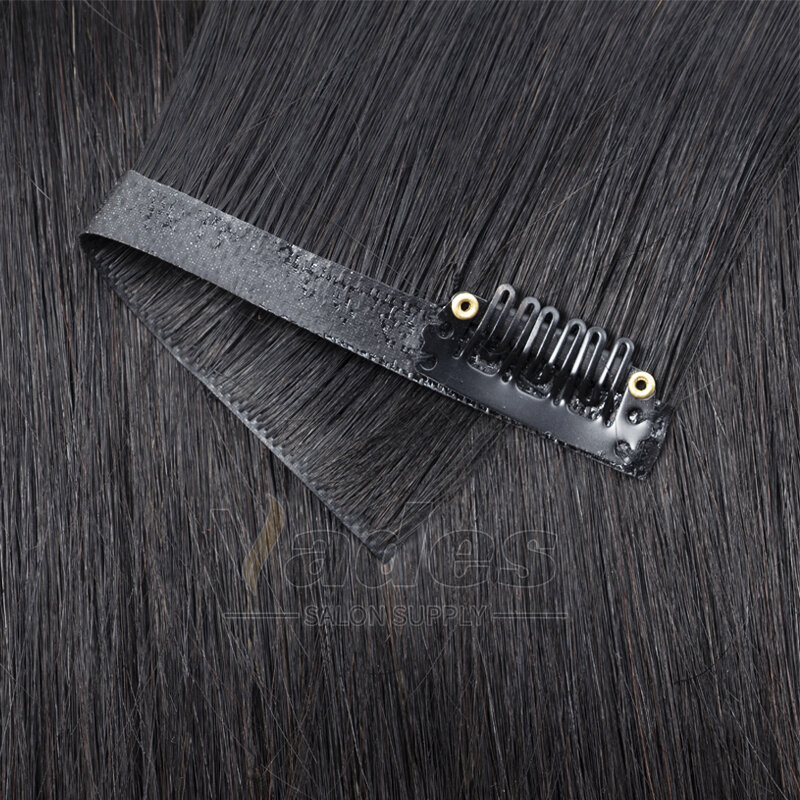 Klip kain PU tak terlihat dalam ekstensi rambut manusia pita injeksi mesin kain buatan Remy 12-22 inci klip disesuaikan pada rambut 8 buah