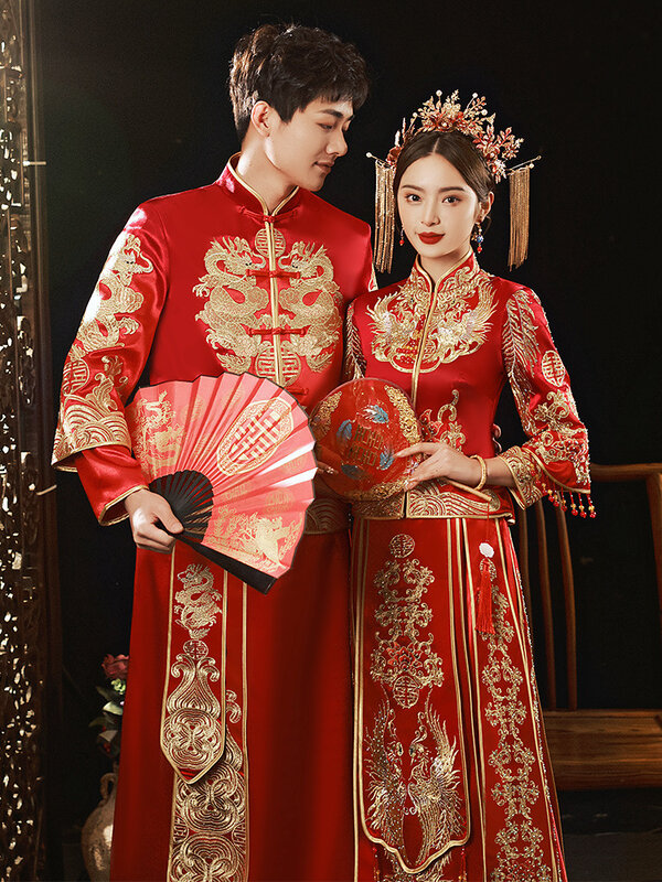 Vestido de novia bordado de dragón Fénix para pareja, elegante Collar mandarín, Cheongsam, estilo chino, exquisito conjunto de matrimonio