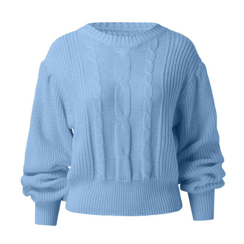 Damski okrągły dekolt długi kabel rękawowy dzianinowy sweter sweter casualowy prążkowany luźny sweter topy jednolity kolor krótkie swetry