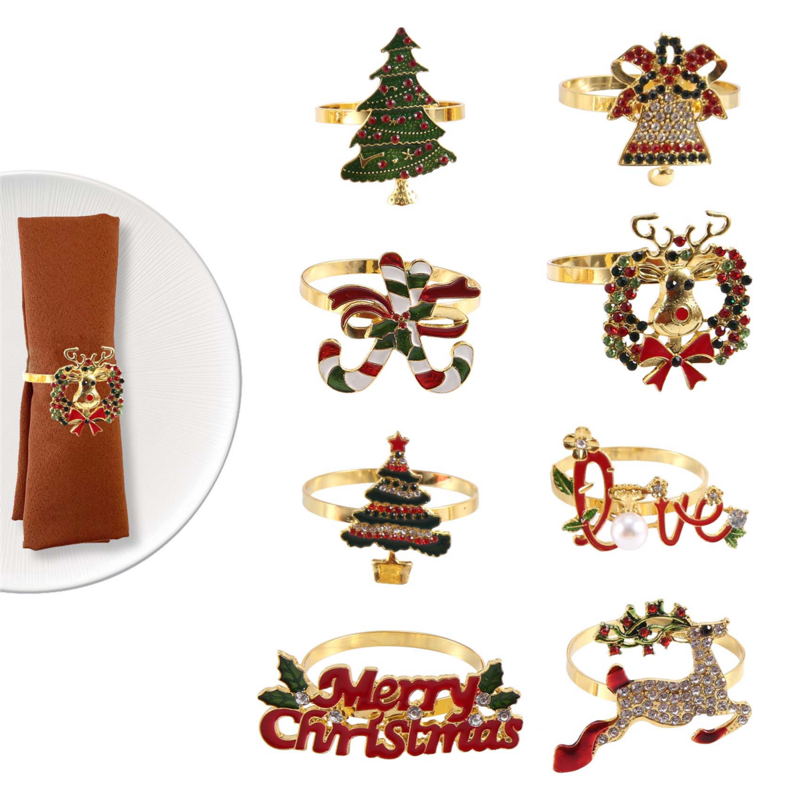 แหวนผ้าเช็ดปากคริสต์มาส-ชุดแหวนที่วางผ้าเช็ดปาก8ชิ้นสำหรับห่วงรัดผ้าเช็ดปากเครื่องประดับโต๊ะคริสต์มาสวันหยุด
