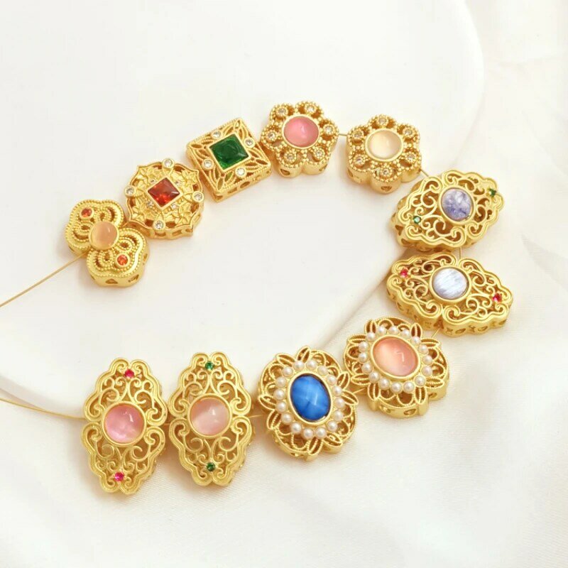 2 Pieces New Retro Sand Gold Oval Bow, Auspicious Clouds, Emerald Green, Pearl Spacing Beads, Handmade DIY Jewelry Accessories