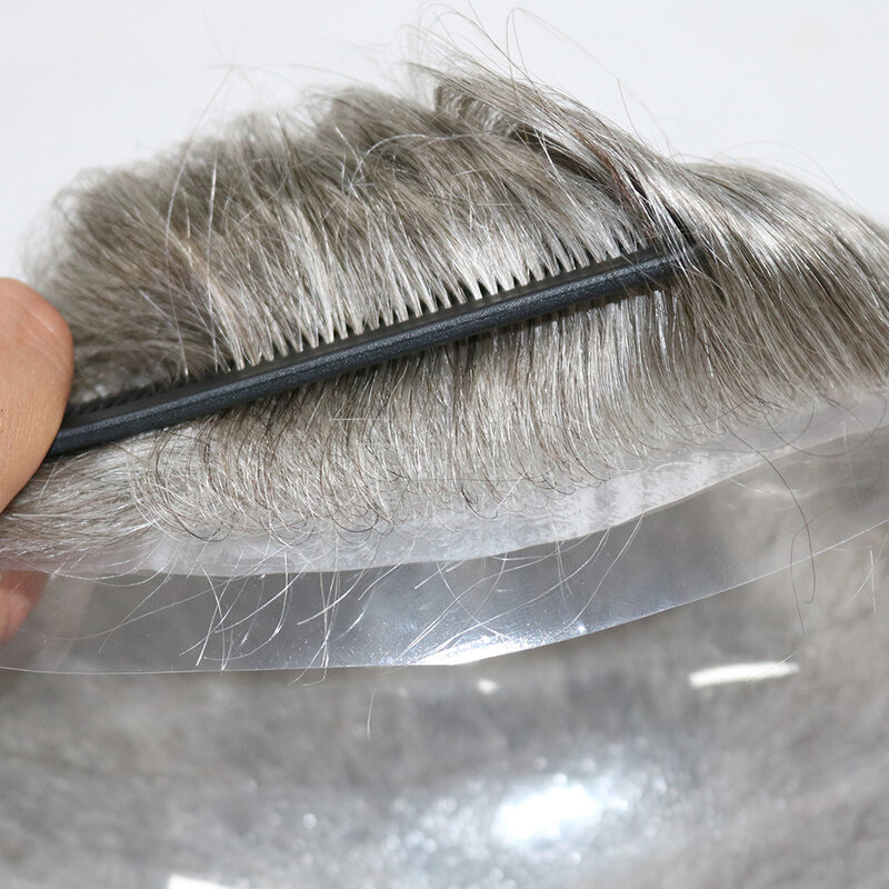 خط الشعر الطبيعي رمادي 1B80 1B65 دائم شعر مستعار للوجه الرفيع الشعر للرجل Waterd موجة الرجال شعر مستعار بشري شفاف بو استبدال النظام