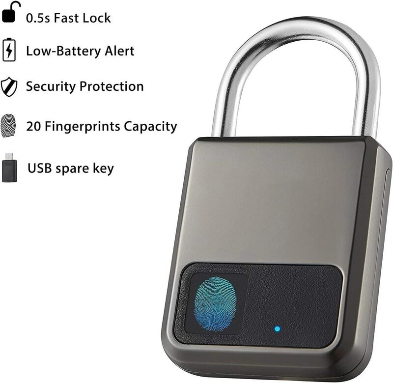 Huella digital portátil inteligente Tuya APP Pad Lock con llave USB, soporte para emergencia, 1 año de uso después de una carga