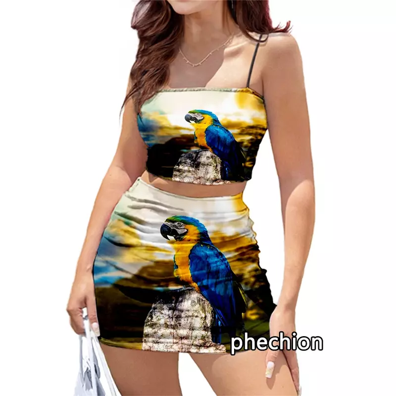 Phechion moda 3D drukuj piękne zwierząt papuga kobiety stroje klubowe Sexy Sling topy typu tuba i krótka sukienka 2 sztuk zestawy sukienek K33