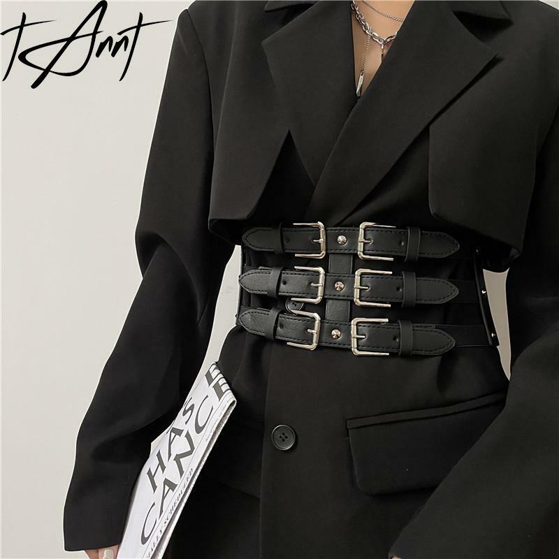 Tannt-cinturón ancho de piel sintética para mujer, cinturón de moda Vintage, color negro, 2024