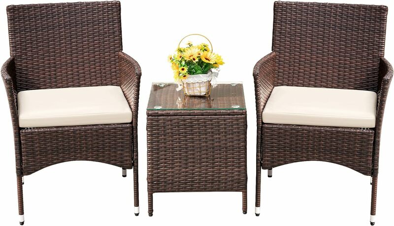 Devoko Patio portico set di mobili 3 pezzi PE Rattan sedie in vimini con tavolo set di mobili da giardino per esterni (marrone/Beige)
