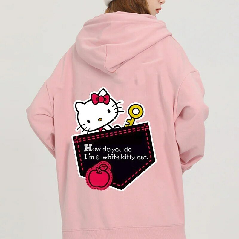 Hoodie unissex fofo da Hello Kitty, Kawaii, Casual, Primavera e Outono, Sanrio, Desenhos animados, Esportes, Rua