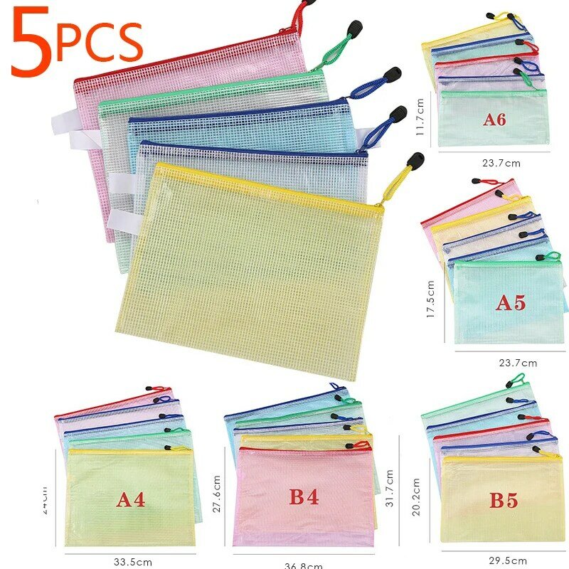5PCS cartella di immagazzinaggio di cancelleria File Mesh Zipper Pouch A4 A5 A6 B5 A3 B4 borsa per documenti cartelle di File con cerniera forniture per ufficio scolastico