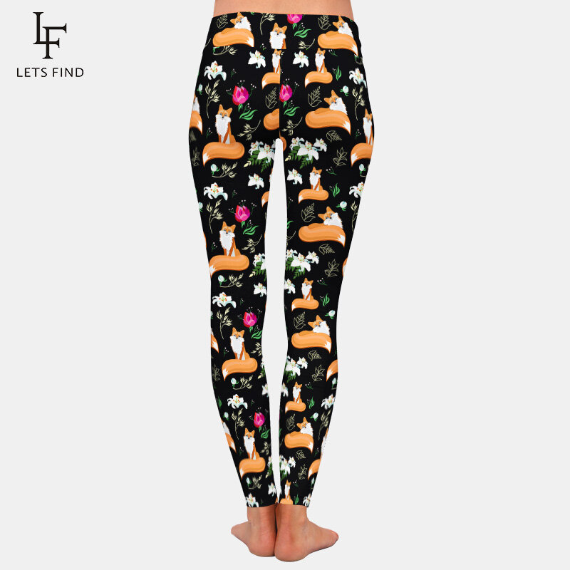 LETSFIND-하이웨스트 여우와 꽃 프린트 레깅스 여성용, 패션, 탄성, 블랙
