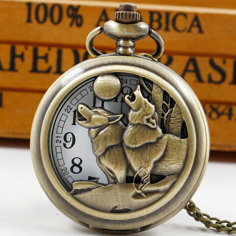 Cool Wolf-reloj de bolsillo de cuarzo para hombre y mujer, accesorio de pulsera de cuarzo hueco tallado, personalizado, con colgante de collar Vintage, regalos con cadena