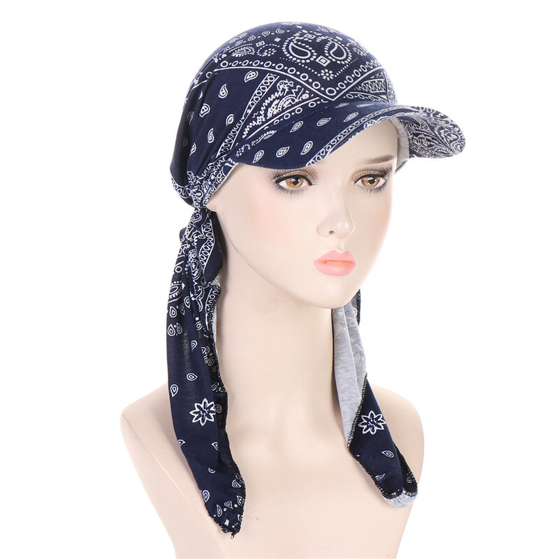 Модная шапка с принтом в мусульманском стиле для женщин, солнцезащитный козырек с завязывающимся тюрбаном, шапки, головной платок, бандана, головной платок, Пляжная уличная шапка для женщин