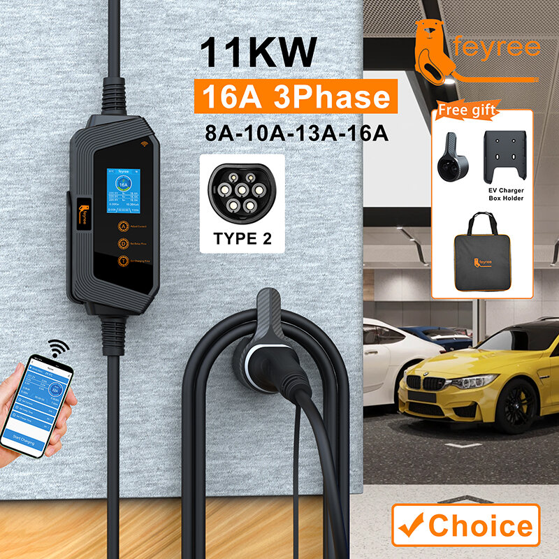 feyree Type2 Cable Portable EV Charger 11KW 16A 3P Car Charger Wi-Fi APP Control EVSE Charging Box CEE Plug for Electric Vehicle