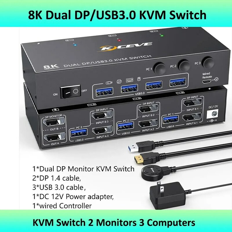 Interruptor KVM de doble Monitor, USB 3,0, Displayport, 2 monitores, 8K @ 30Hz, 4K @ 3/4Hz, 144 ordenadores, 2 monitores