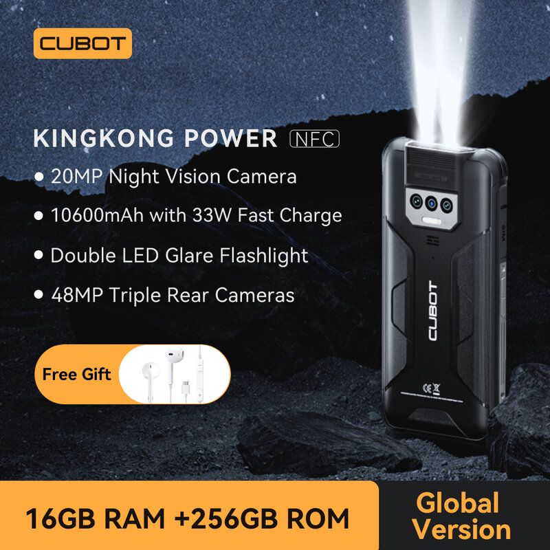Cubot KingKong Power, wodoodporny wytrzymały smartfon z systemem Android 13, 16 GB RAM (8 GB + 8 GB rozszerzony), 256 GB ROM, bateria 10600 mAh, szybkie ładowanie 33 W, 6,5-calowy ekran FHD +, NFC, Podwójna latarka LED
