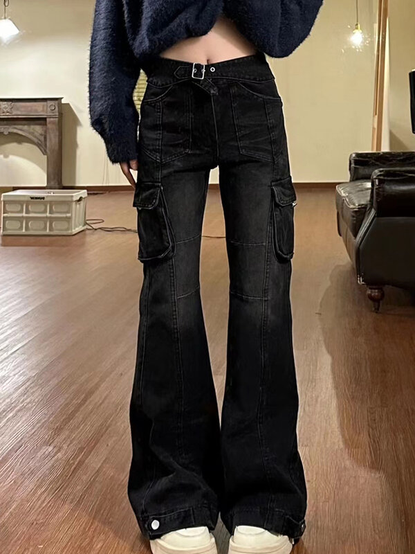 Gyaru-Jeans Flare Preto para Senhora, Calças de Escritório, Calças Slim Bell Bottoms, Vários Bolsos, Moda Retro Americana, High Street, 2000s