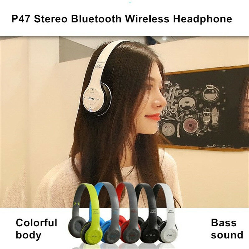 ชุดหูฟังสเตอริโอ P47ชุดหูฟังบลูทูธ5.0ชุดหูฟังเกมกีฬาไร้สายแบบพับได้สำหรับ iPhone Xiaomi